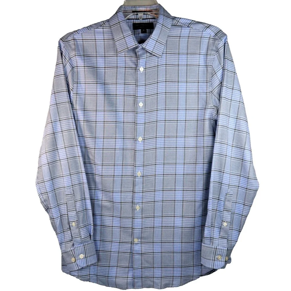 Banana Republic Wrinkle Resistant Shirt Men Medium Slim Fit Blue/Black Plaid L/S